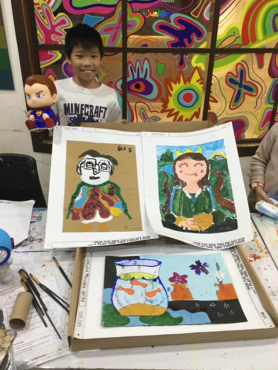 Painted portraits, a fish-jug picture and a decorated sculpture.